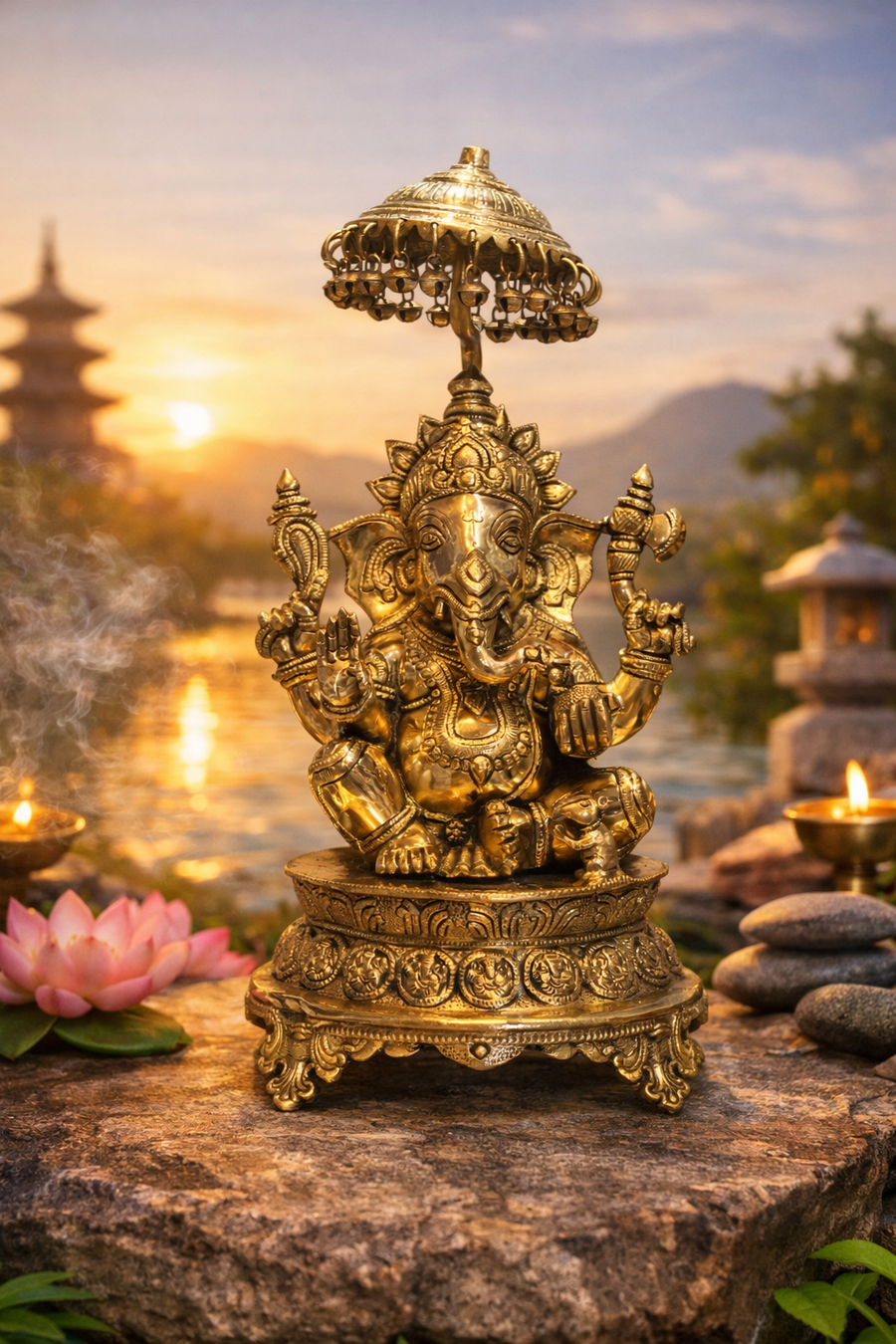 Brass Lord Ganesha seated on an ornate Padma Peetha, crowned with a decorative Chhatra